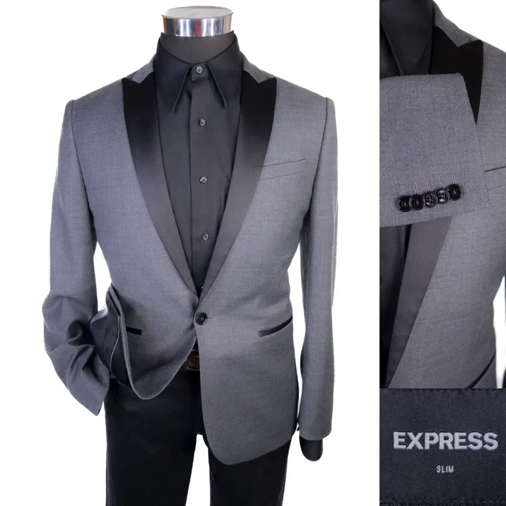 Express Slim Blazer Tuxedo Jacket Solid Gray Size 36S One Button Coat
